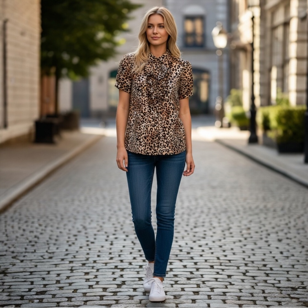 WORTHINGTON Leopard Print Ruffle Blouse Size Small Short Sleeve Button Front